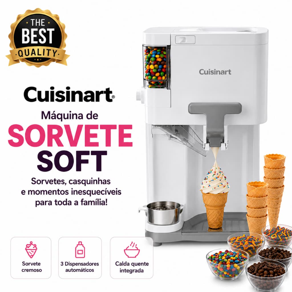 LANÇAMENTO! Máquina de Sorvete Soft Serve Original Cuisinart ICE-48, 1,5L Sorveteira Elétrica 127V.