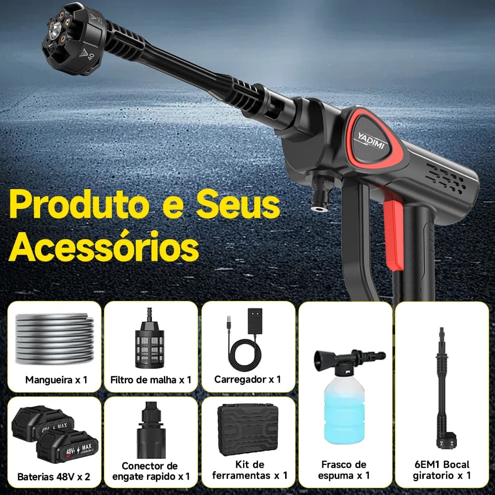 Lavadora de Alta Pressão Portátil 6 em 1 Recarregável Pistola Lava Jato Profissional Premium para Carros e Jardins