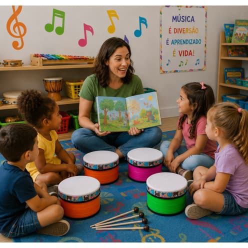Tambor Colorido Achatado Baqueta Musicalização Infantil Contação Historia Som Terapia Musica Tambor