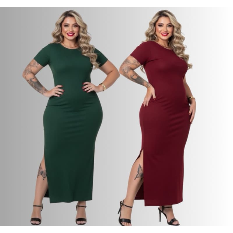 Kit 2 Vestido Longo Canelado Plus Size Verão com Fenda Lateral e Alcinha