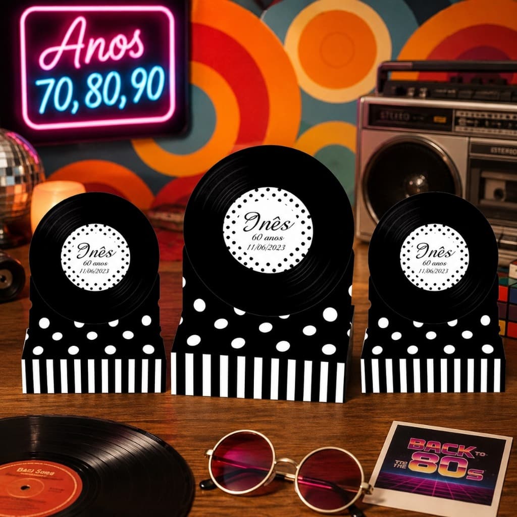 10 Caixinha Porta Chocolate Disco Vinil Anos 60 Fita K7 Retro Lembrancinha Aniversário Personalizada
