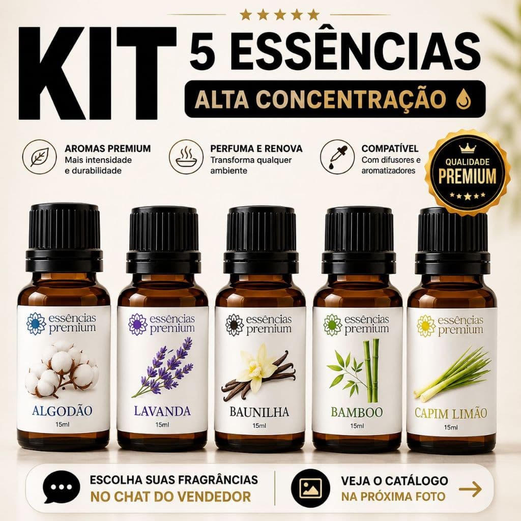 Kit com 5 Essências Para Aromatizador e Difusor Elétrico a Base de Água - Cinco Fragrâncias