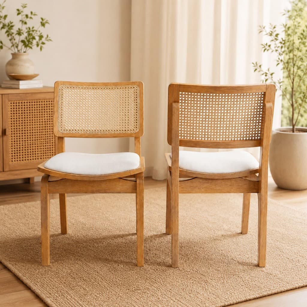 Kit Com 2 Cadeiras Em Madeira Maciça Reforçada Pesada Estofada Encosto Rattan Linho Branco