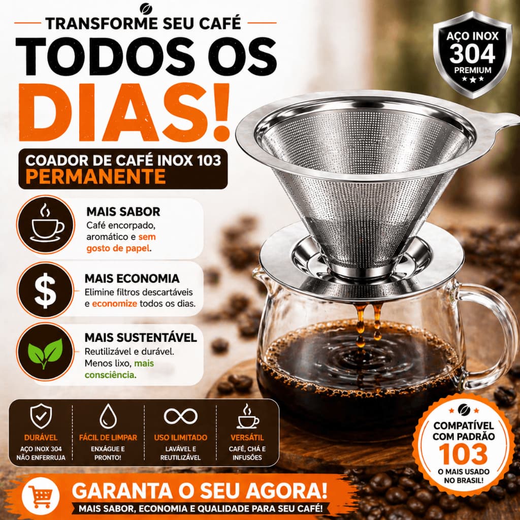Coador de Café Inox 103 Permanente Reutilizável Filtro Sem Papel Aço 304 Ecológico