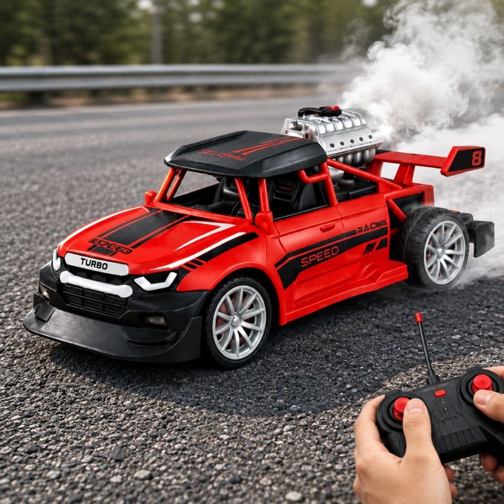 Carrinho Controle Remoto Solta Fumaça Motor Exposto Racing 4 Funções Escala 1:18 + Pilhas Grátis