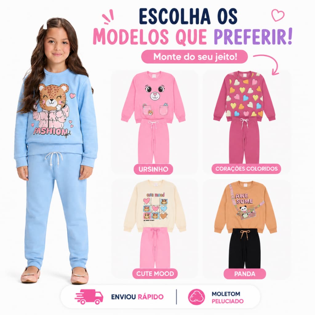 Conjunto Moletom Infantil Menina Inverno Peluciado 2 ao 10 anos