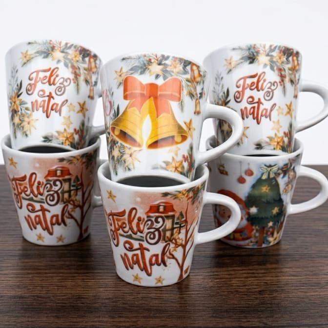 Kit Canecas Faixa Feliz Natal 120ml Xícaras Chá Café Personalizada Feliz Natal Porcelana Taça Papai Noel Caneca