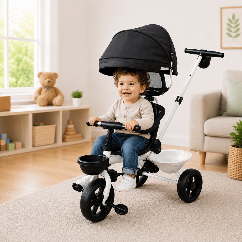 Triciclo Infantil Conforto com Empurrador Capota Retrátil  Passeio Criança Seguro Menino Menina Bebe