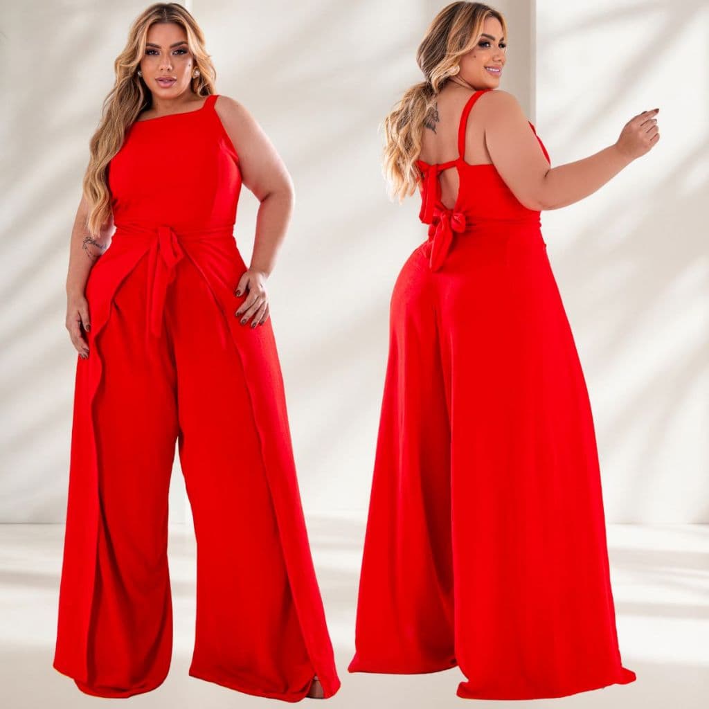 Macacão Plus Size Envelope Pantalona Elegante Moderno Amarração Na Cintura Casual Confortavel Costas Abertas 48 ao 52.
