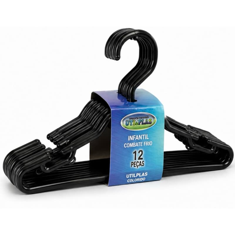 12 Cabides Infantis Preto Reforçado Roupa Bebê Infantil Resistente