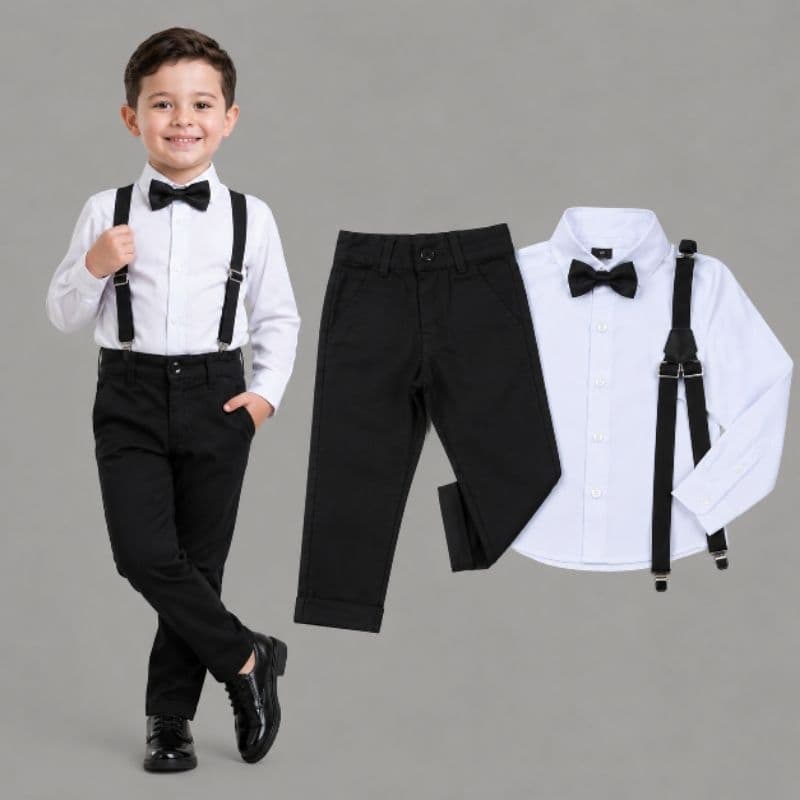 Conjunto Infantil Camisa Diversas Cores Calça Suspensório Gravata Preto