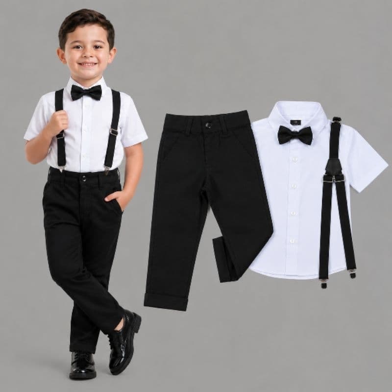 Conjunto Infantil  Social Camisa Manga Curta Diversas Cores Calça Preta Suspensório Gravata