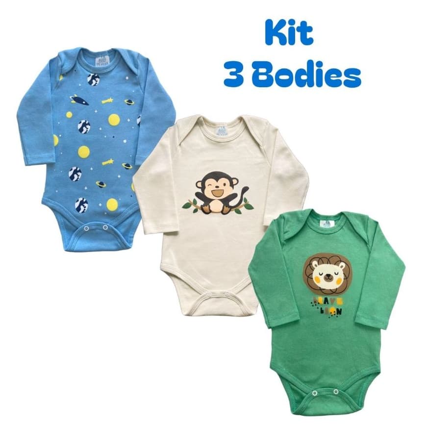 Kit 3 Peças Body Bebê Avulso Estampado Manga Longa 100% Algodão Sortidos P ao GG