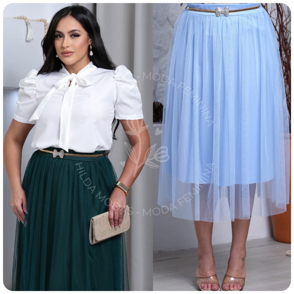 Saia Tule Midi Lisa Básica Elegante Forrada Lisa Moda evangélica Fardamento Festividade Congresso