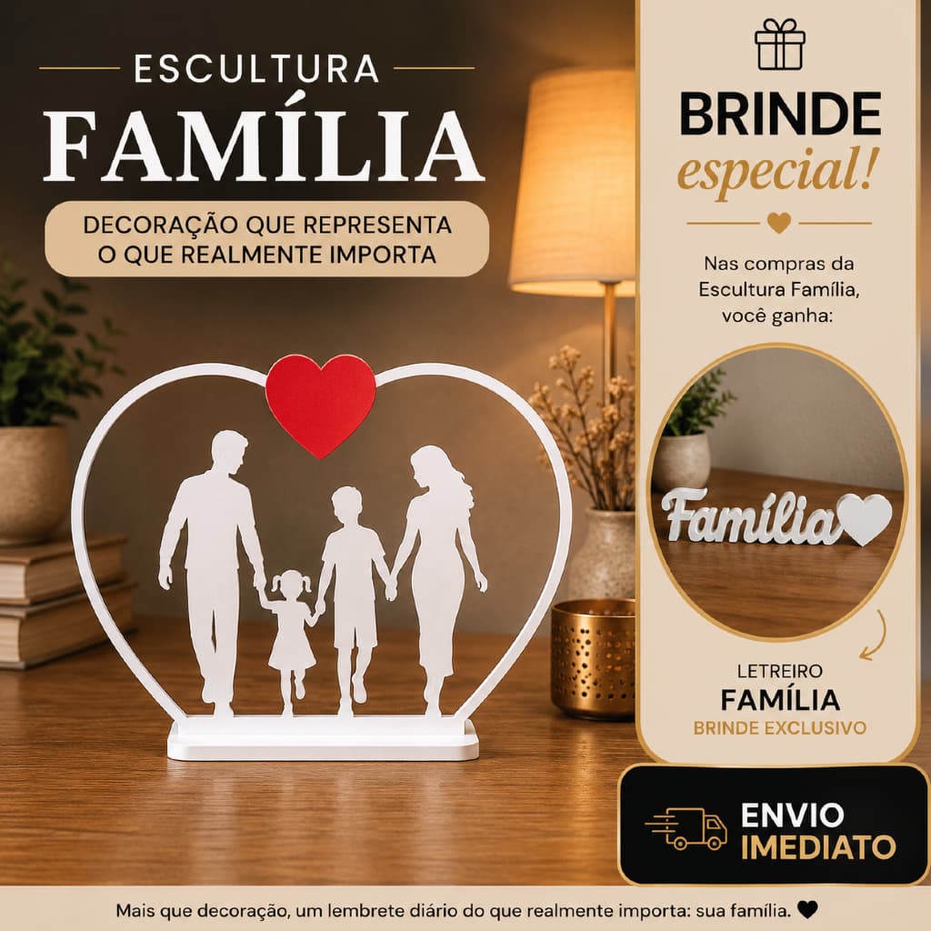 Escultura Família Coração Decorativa Enfeite Mesa Amor União Decoração Sala + Letreiro Família