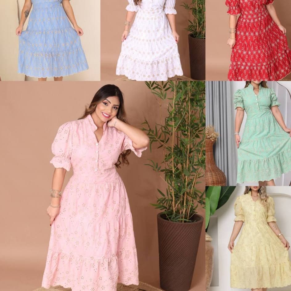 Vestido MIDI premium bordado com gola tecido layse 3d e liso com botão funcional e forro