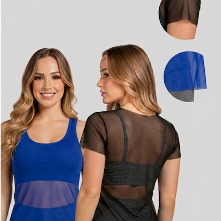 Kit 2 Blusas Feminina Transparente de Tule Manga Curta e Regata Camiseta de Academia Treino