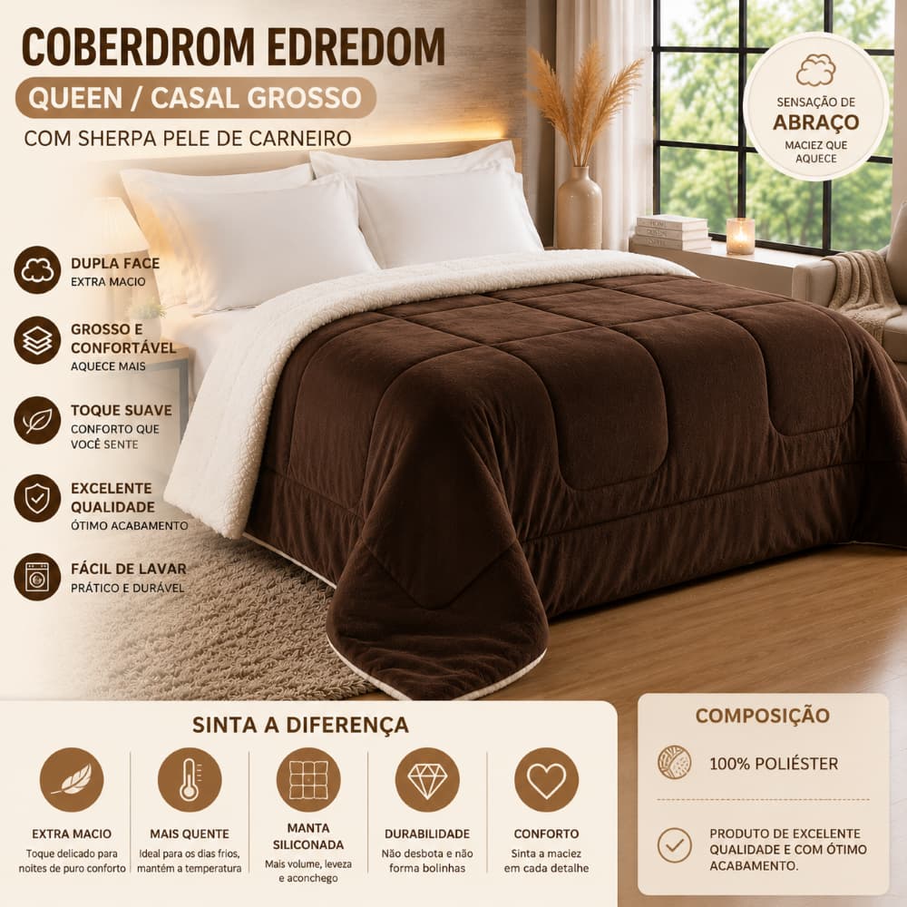 Coberdrom Edredom Queen Casal Grosso Sherpa Pele de Carneiro Dupla Face Aveludado