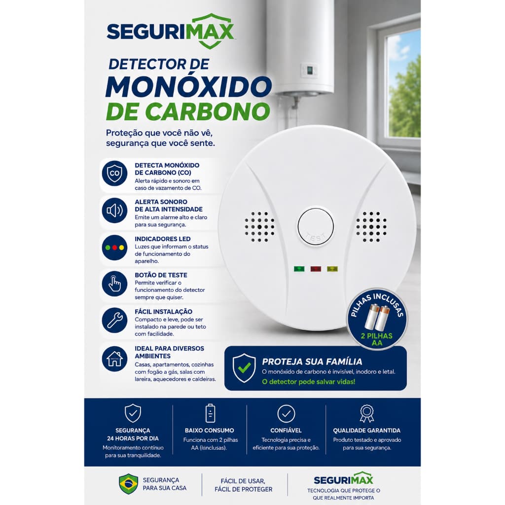 Detector Autônomo de Gás Monóxido De Carbono Co2 Sem Fio Segurimax Cor Branca