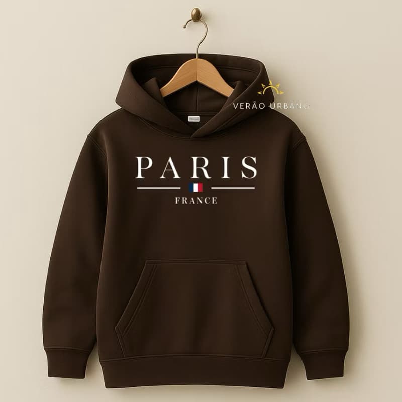 Moletom Infantil Flanelado Estampado "Paris" Blusa de Frio com Capuz e Bolso Canguru Algodão
