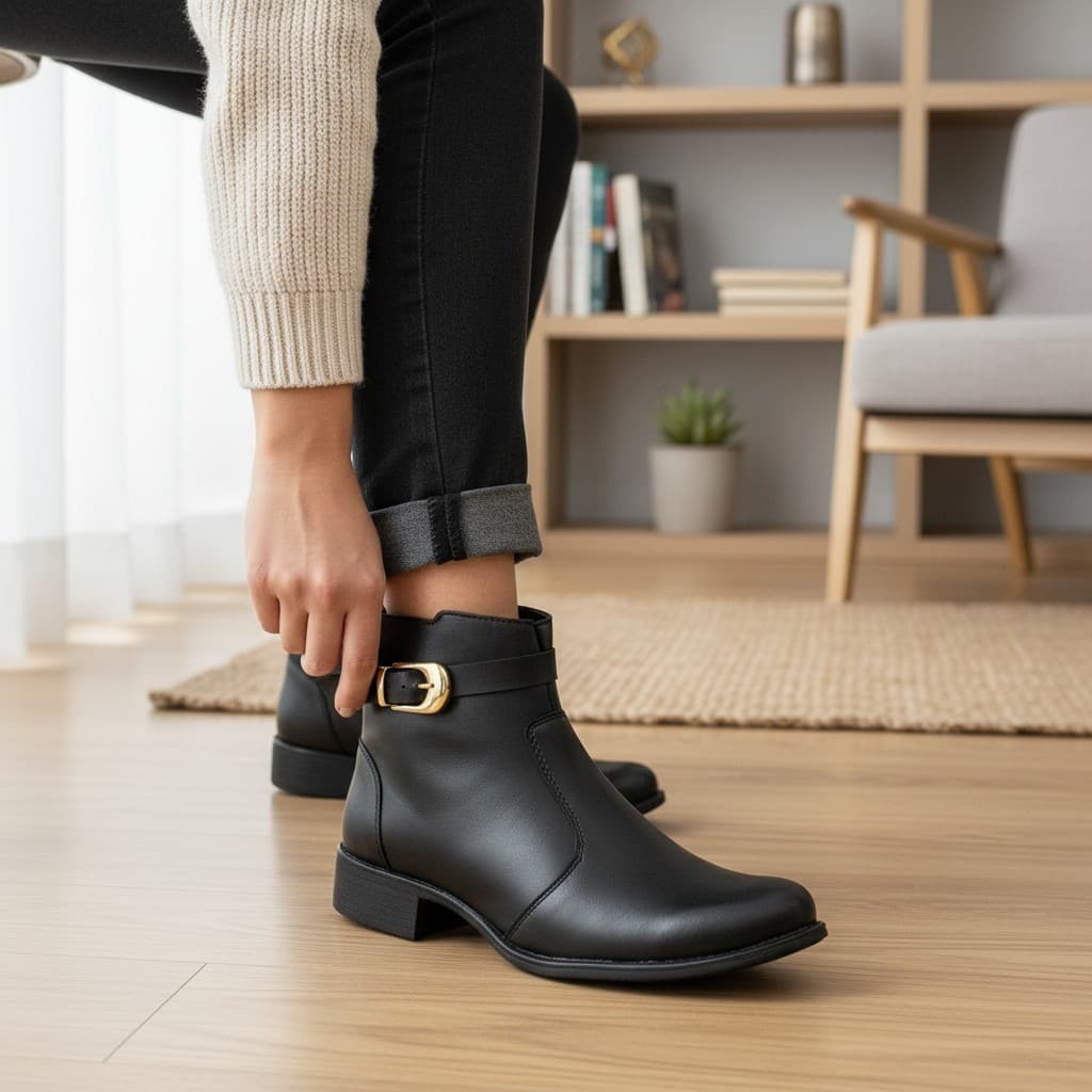 Bota Feminina Cano Curto Polo Blu em Sintético Couro com Fivela Lateral e Zíper Estilosa e Leve Calce Fácil