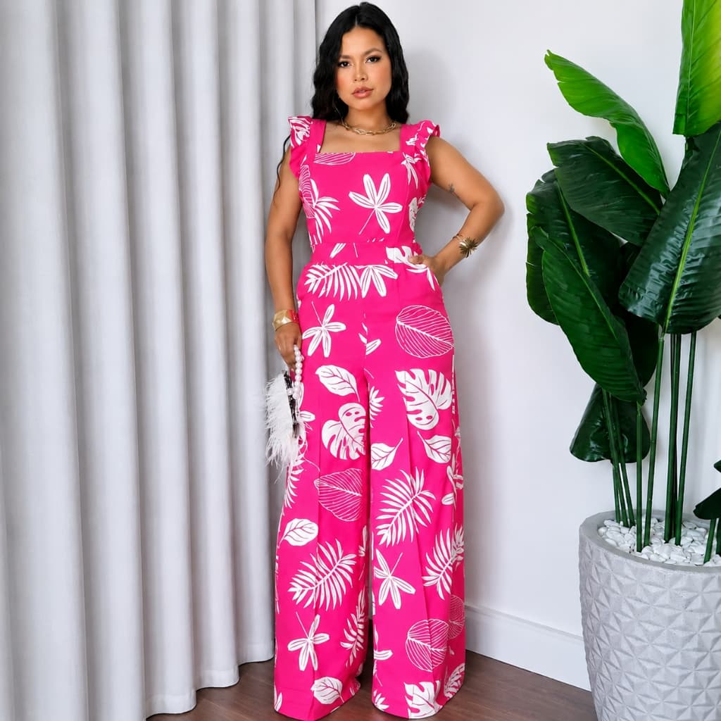 Macacão Longo Feminino Roxo, Rosa Preto Estampa Tropical Pantalona Com Bolsos Forrado Envio Imediato