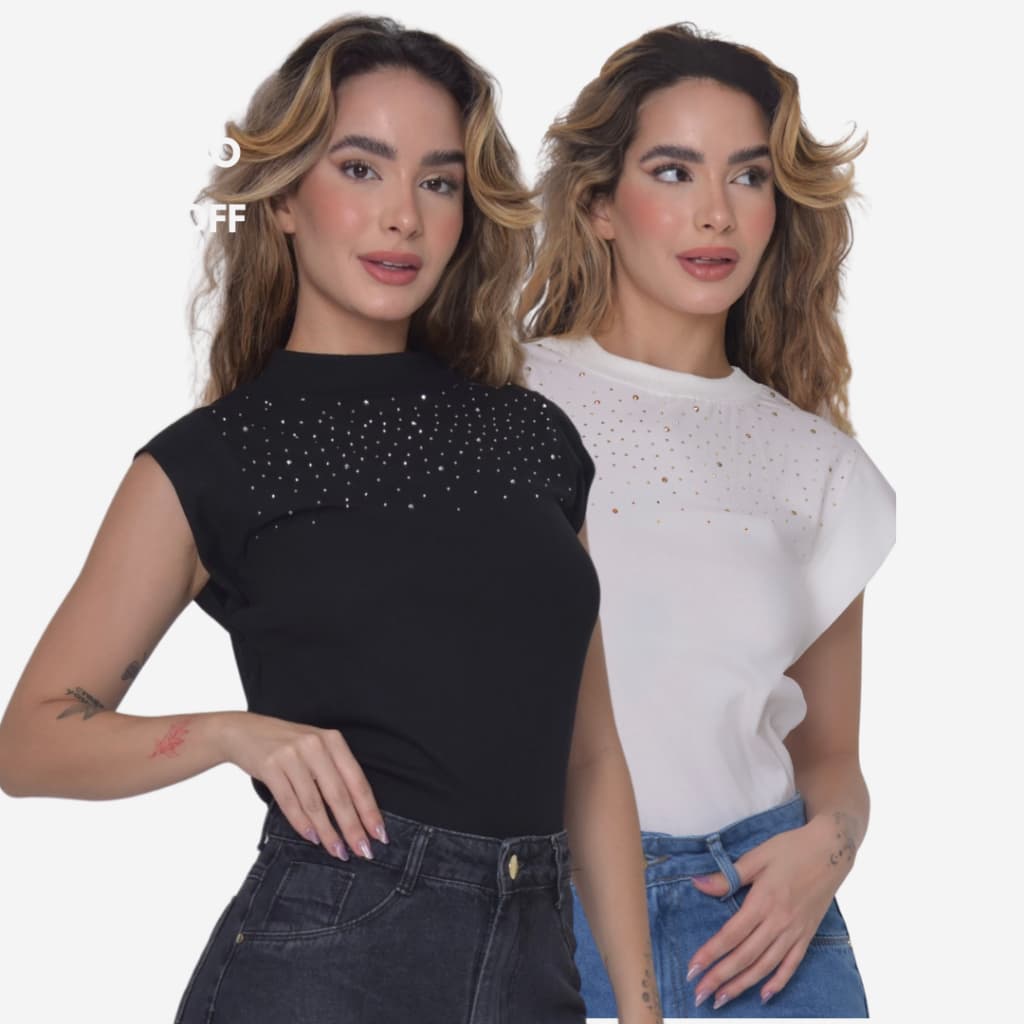 Kit 2 Camisetas Muscle Tee com Strass no Peito Regata Ampla Ombreira T-Shirt Feminina