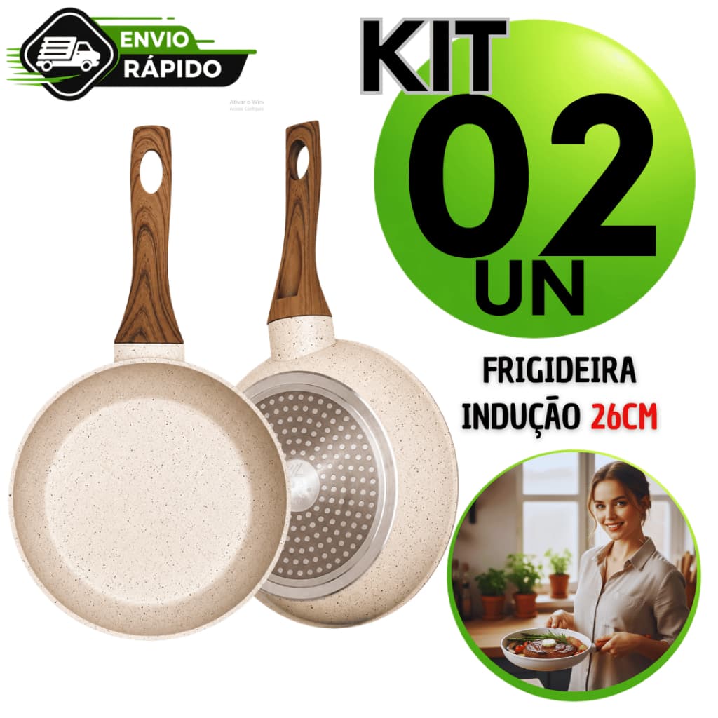 Frigideira 26CM Antiaderente Não Usa Óleo Cerâmica Branca e Preta Fundo Triplo Premium Indução