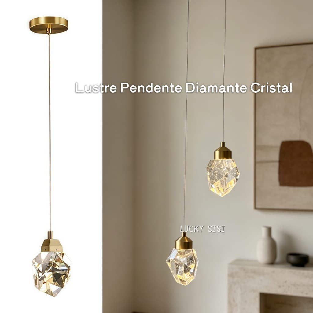 Luminária Pendente Diamante Cristal K9，Lustre Moderno de Cristal com LED，Lustre Pendente Cristal Dourado，decoração sala