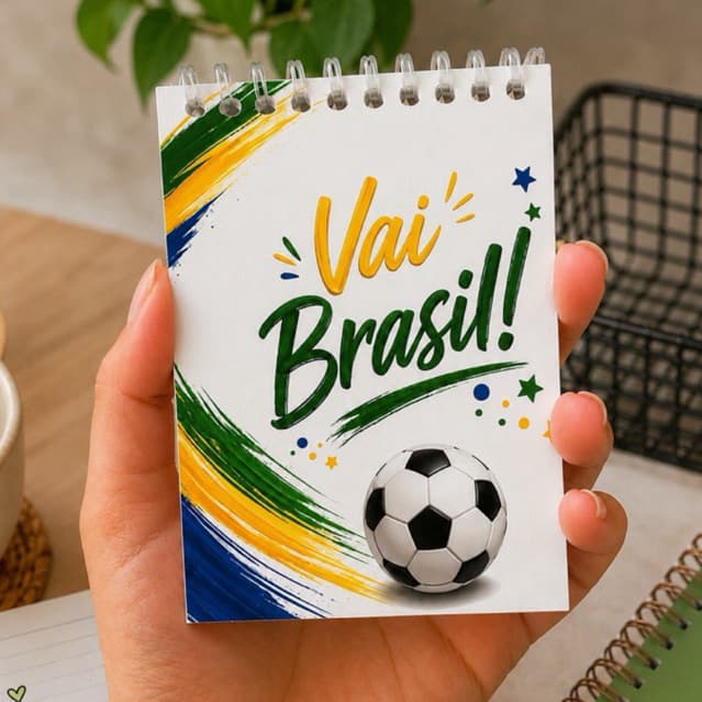 Bloquinho de Notas Vai Brasil! 10x7cm com 50 Folhas em Branco – Bloco de Notas Tema Copa Futebol