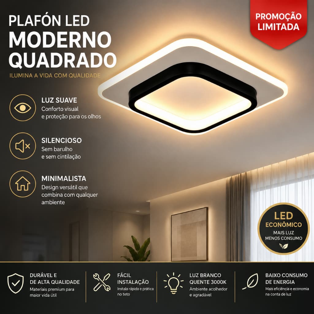 LumináRia De Teto Quadrada Led Bivolt, 3 Cores, Estilo Moderno, Ideal Para Sala De Estar E Quarto Lustre