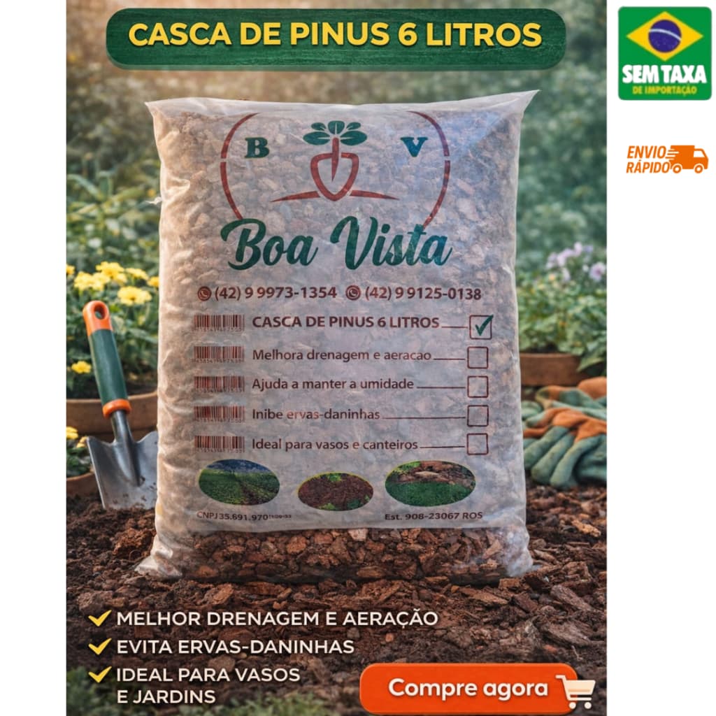 Casca de Pinus 6 Litros - Cobertura para Plantas Drenagem e Decoração de Jardins