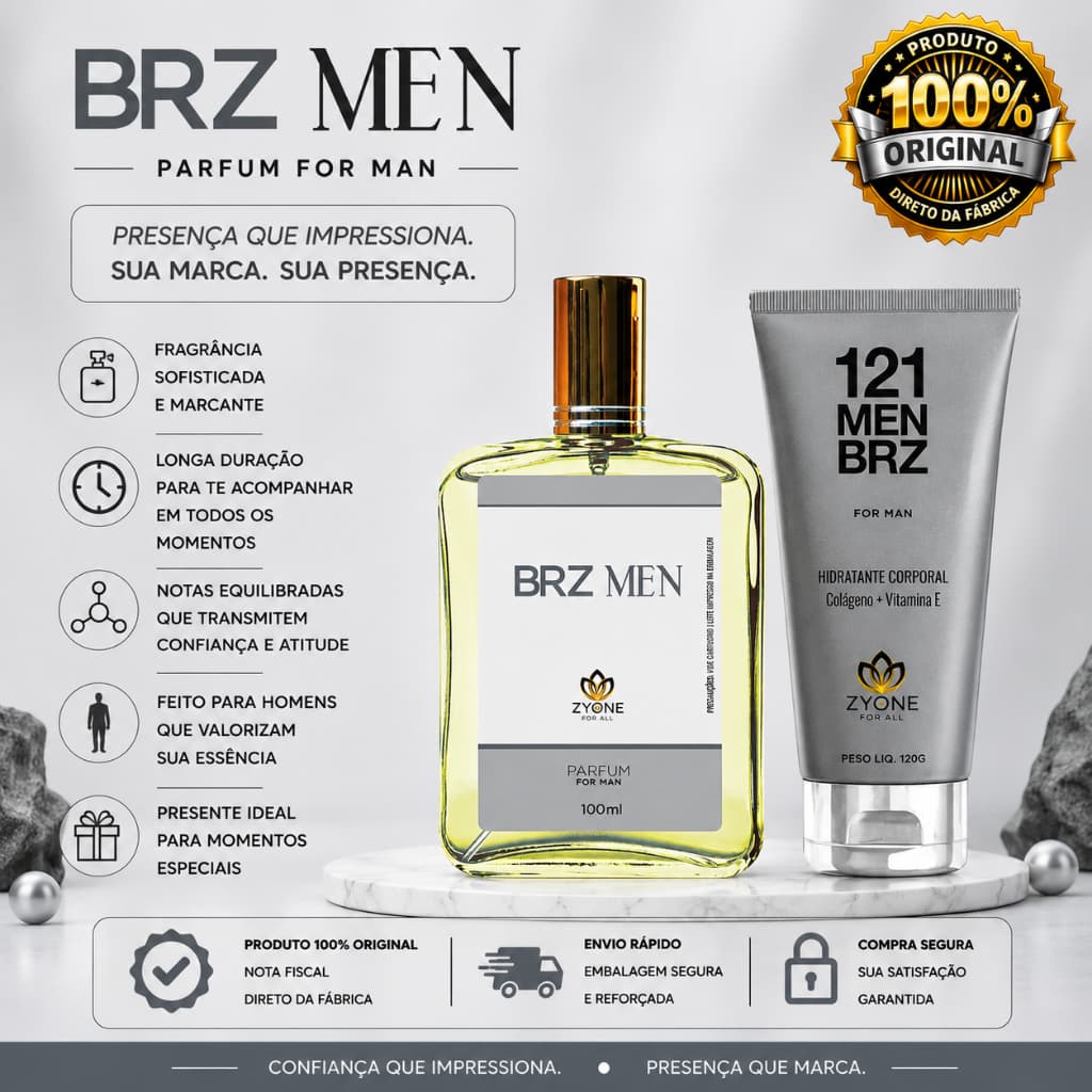 Perfume e Creme Hidratante Brz Men Zyone Masculino Alta Fixação Essência Parfum