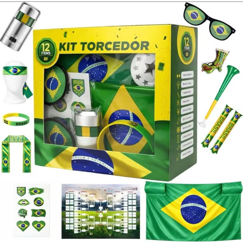 Combo Torcedor Bandeira Copa 2026 Adesivo Trompete Pintura Facial Bandeira Brasil Adesivo Vuvuzela