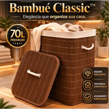 Cesto Organizacional Bambu Natural 70 Litros Tampa Alcas Resistente Marrom