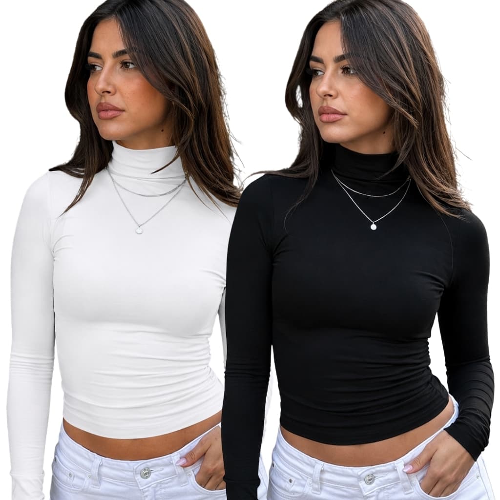 Kit 2 Blusas Cacharrel Algodão Feminina Manga Longa Gola Alta Ribana Canelada Basica