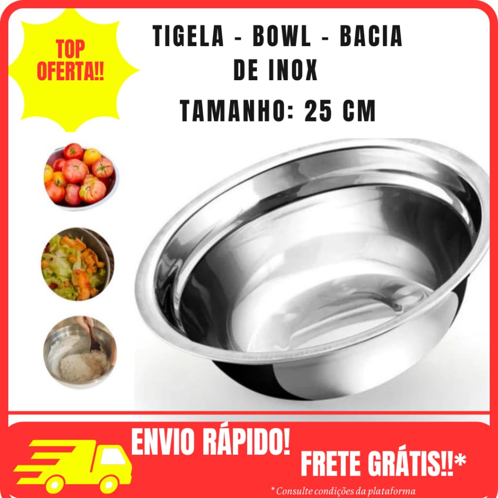 Tigela Bacia Bowl Redonda Aço Inox 25cm Saladeira Culinaria Vasilha Multiuso Cozinha Pote para Pet