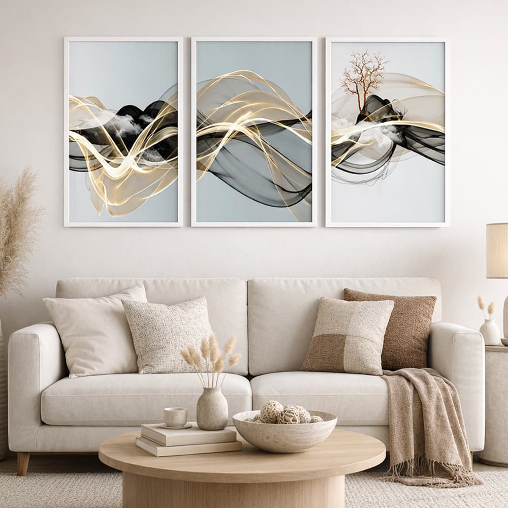 Quadro Decorativo Oscilação Abstrato Moderno Com Moldura 3 Telas Elegante Para Sala Quarto