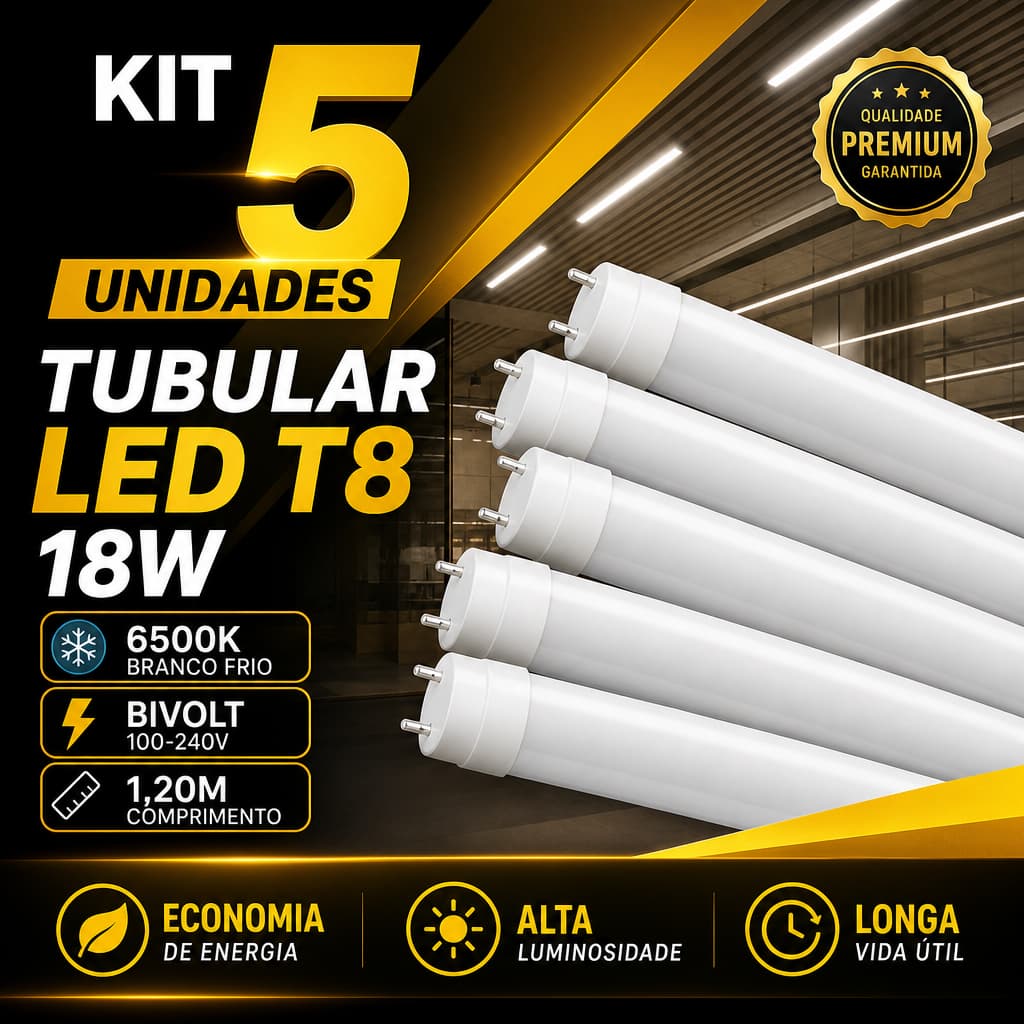 Kit 5 Lâmpadas Tubular LED T8 18W 1,20m 6500K Bivolt