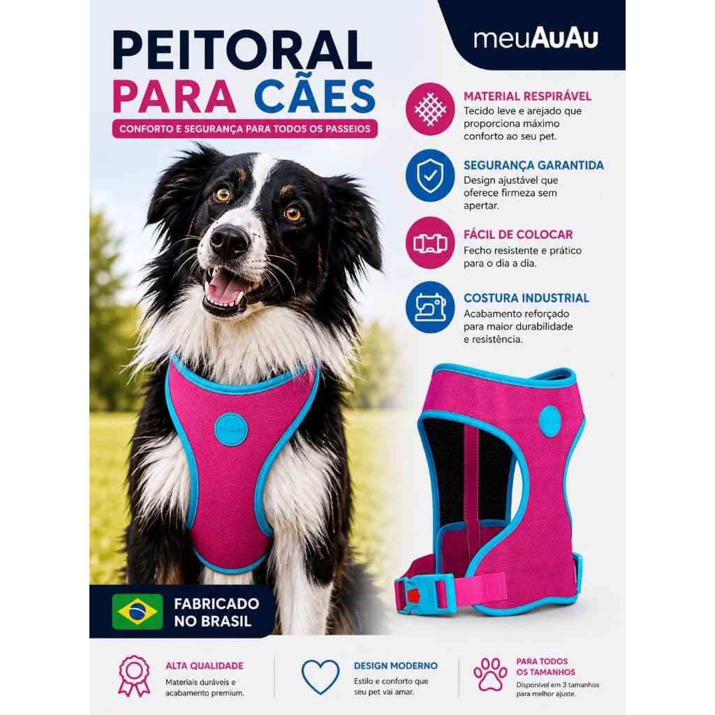 Peitoral Cachorro meuAuAu - Todas raças - York - Bulldog - shitzu - Pug - Golden - Todos os Tamanhos