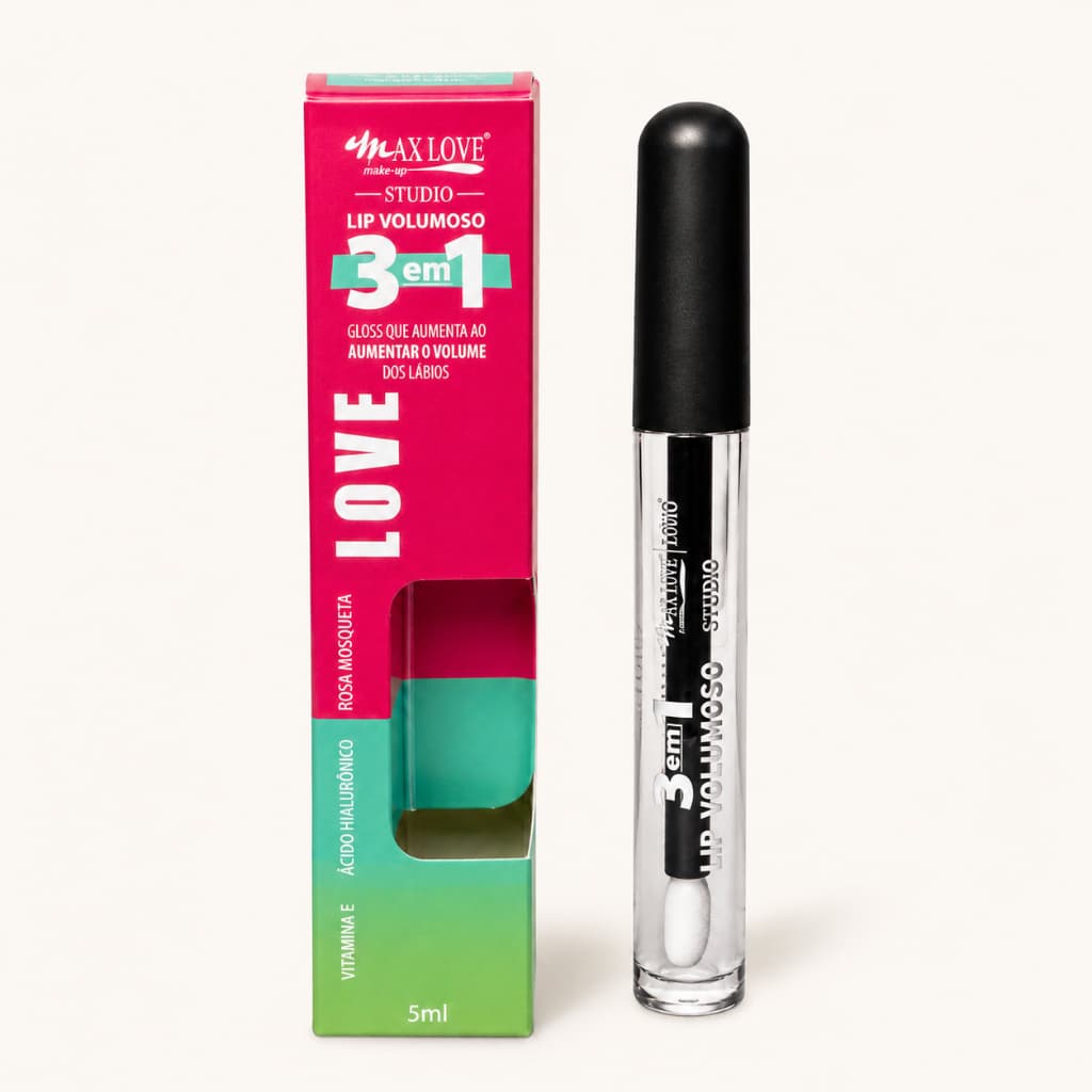 Lip Gloss Volumoso 3 em 1 Max Love Com Ácido Hialuronico Rosa Mosqueta Vitamina E