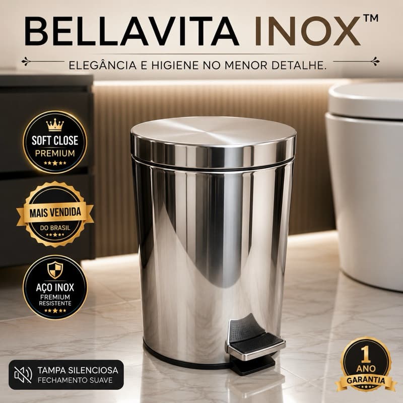 Lixeira Inox 3L Com Pedal Tampa Soft Close Balde Removível Banheiro Cozinha Escritório Bellavita Inox™