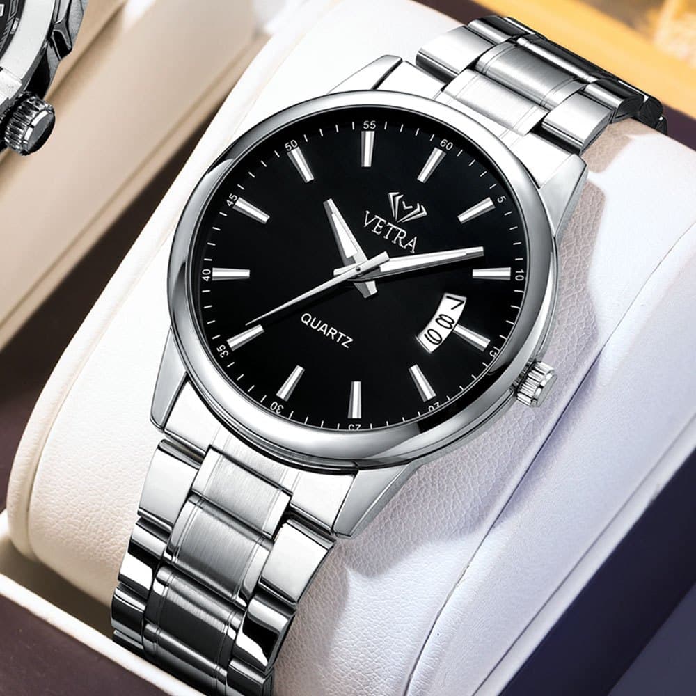 Relógio Masculino Original VETRA a Prova d Água Presente para Homem Aço Inoxidável Prata Preto 6115