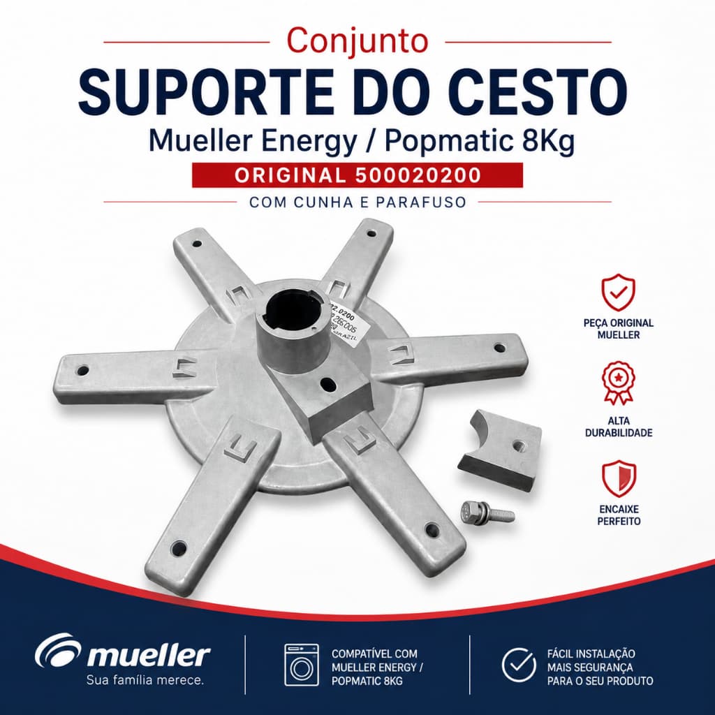 Conjunto Suporte do Cesto Mueller Energy / Popmatic 8Kg Original 500020200 com Cunha e Parafuso