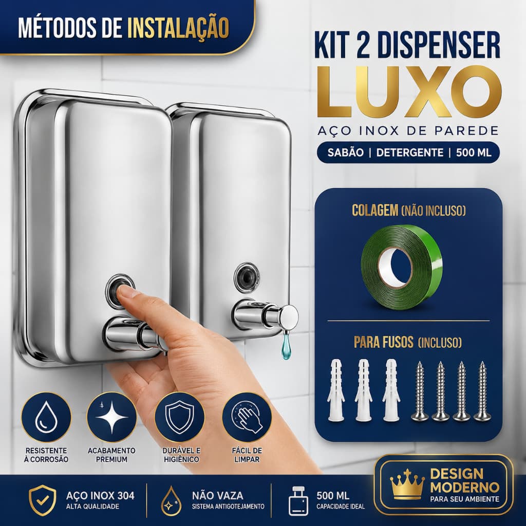Kit 2 Dispenser De Parede Aço Inox 500ml Sabão Detergente