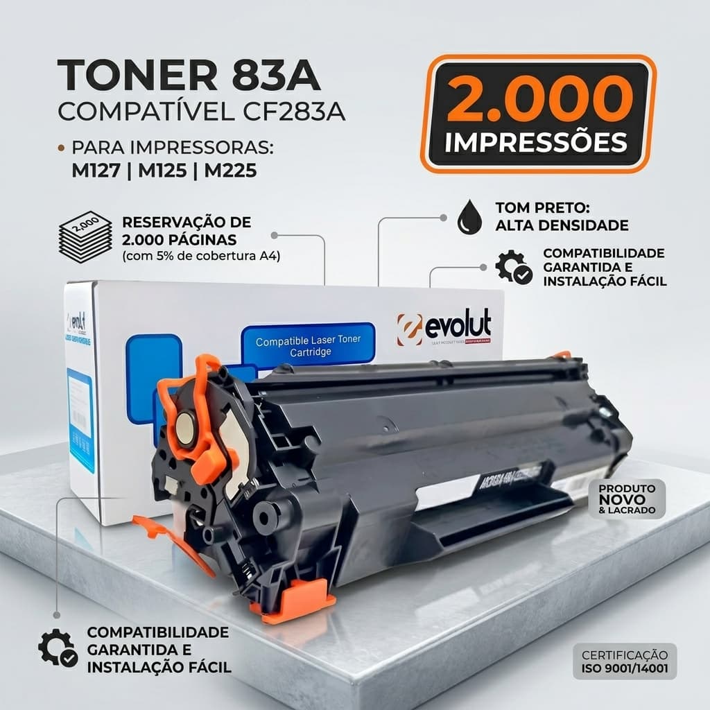 Toner 83A Compatível CF283A Preto M127 M125 M225 CF 283A 83A Chega a 2.000 impressões com 5% de cobertura em papel A4