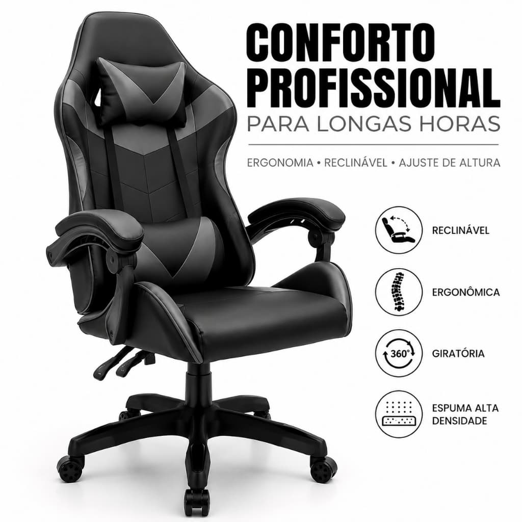 Cadeira Ergonômica Gamer e Escritório Reclinável de Couro Preta com Almofadas
