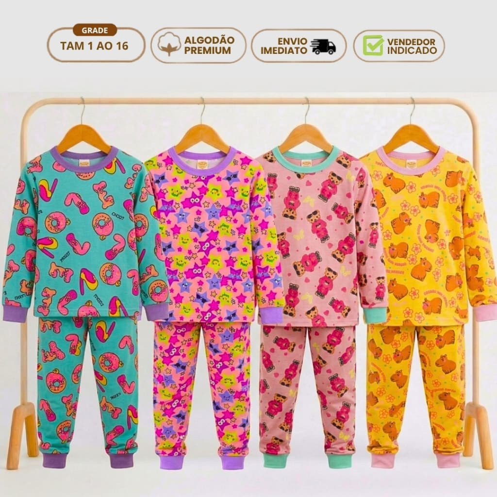 Kit 6 Peças Conjunto Pijama Feminino Infantil Inverno Algodão Roupa de Dormir Menina 3 Camiseta Manga 3 Calça Punho