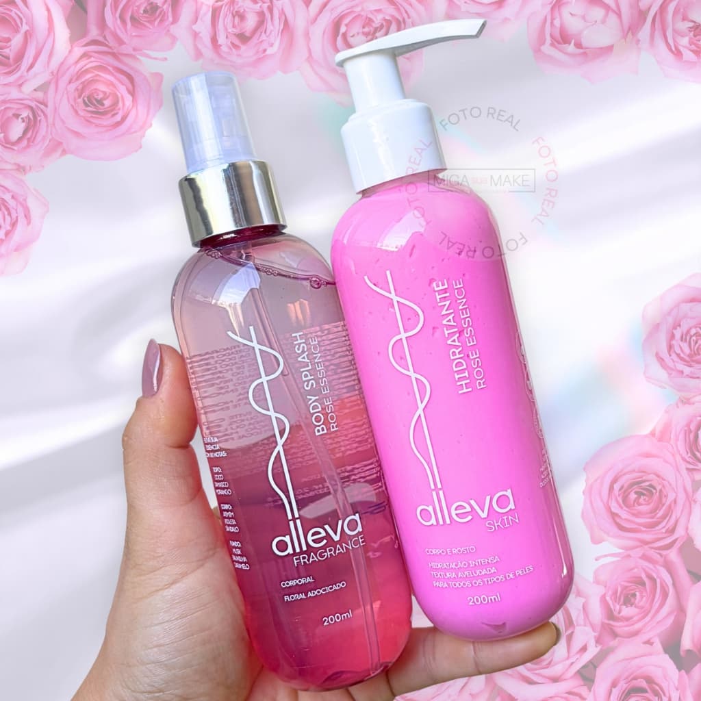 Kit Hidratante de Corpo e Rosto e Body Splash Rose Essence Floral Adocicado Rosas Alleva Perfumado