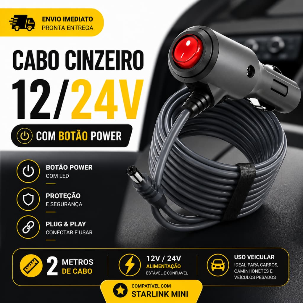 Cabo 12V/24V com botão liga e desliga de Carregamento Para Starlink Mini Cinzeiro 2m cabo de recarga